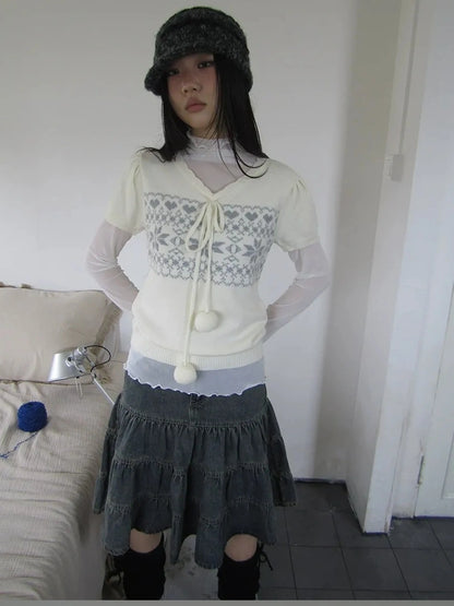 ang project Vintage Ethnic Jacquard Tie Front Knit Top Cardigan