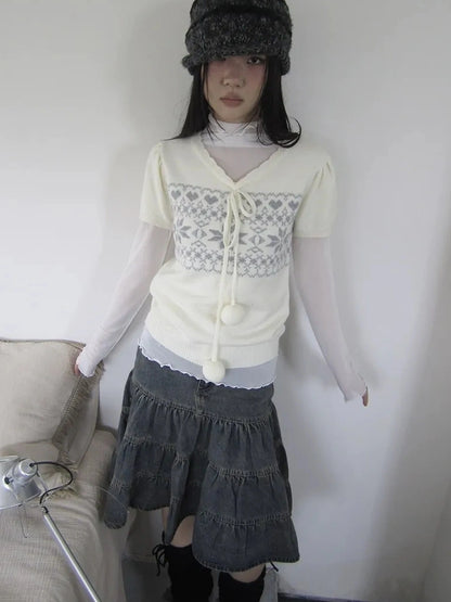 ang project Vintage Ethnic Jacquard Tie Front Knit Top Cardigan