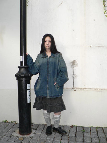 ang project Vintage Faded Distressed Loose Fit Denim Jacket Jacket