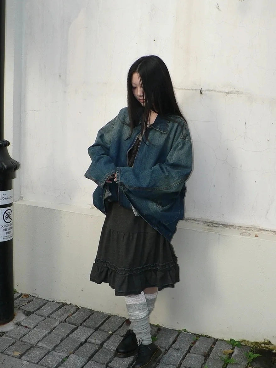 ang project Vintage Faded Distressed Loose Fit Denim Jacket Jacket