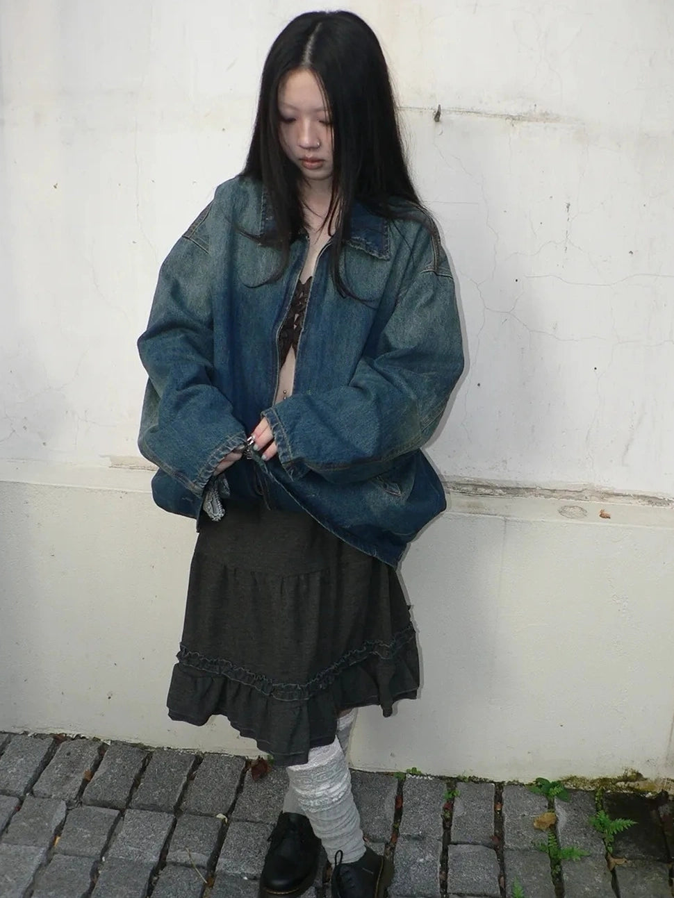 ang project Vintage Faded Distressed Loose Fit Denim Jacket Jacket