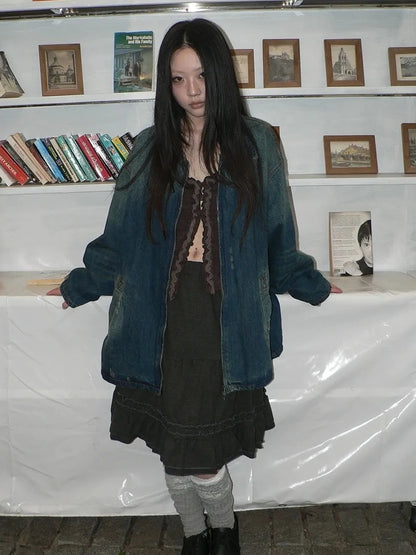 ang project Vintage Faded Distressed Loose Fit Denim Jacket Jacket