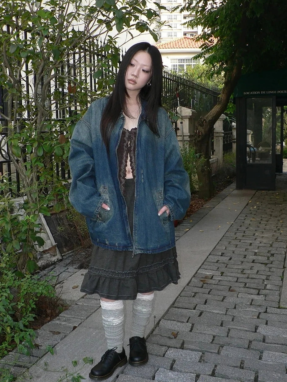 ang project Vintage Faded Distressed Loose Fit Denim Jacket Jacket