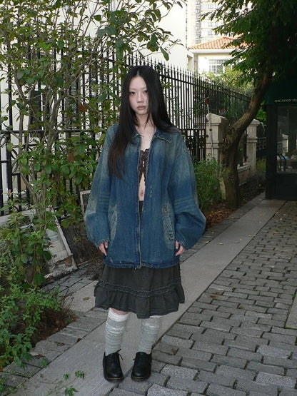 ang project Vintage Faded Distressed Loose Fit Denim Jacket Jacket