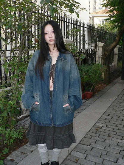 ang project Vintage Faded Distressed Loose Fit Denim Jacket Jacket