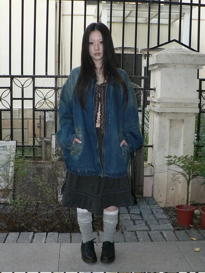 ang project Vintage Faded Distressed Loose Fit Denim Jacket Jacket