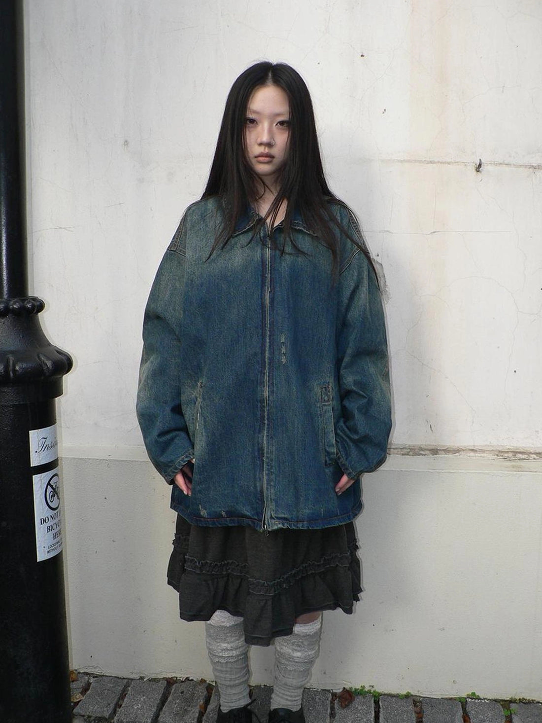 ang project Vintage Faded Distressed Loose Fit Denim Jacket Jacket