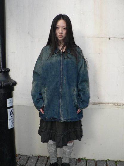 ang project Vintage Faded Distressed Loose Fit Denim Jacket Jacket