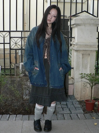 ang project Vintage Faded Distressed Loose Fit Denim Jacket Jacket