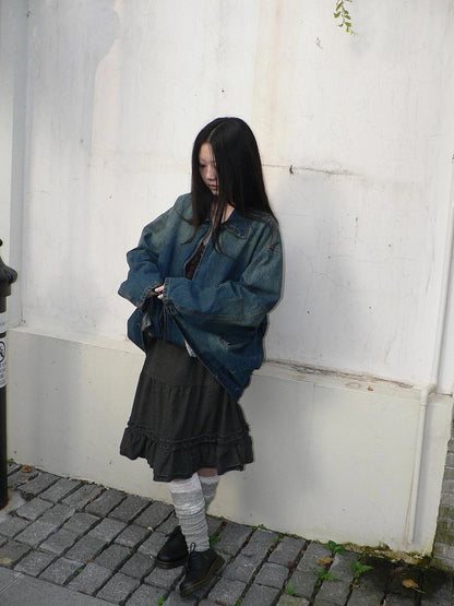 ang project Vintage Faded Distressed Loose Fit Denim Jacket Jacket