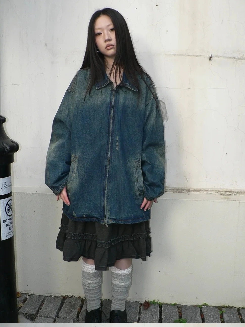 ang project Vintage Faded Distressed Loose Fit Denim Jacket Jacket