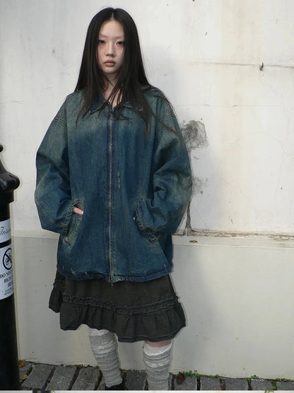 ang project Vintage Faded Distressed Loose Fit Denim Jacket Jacket