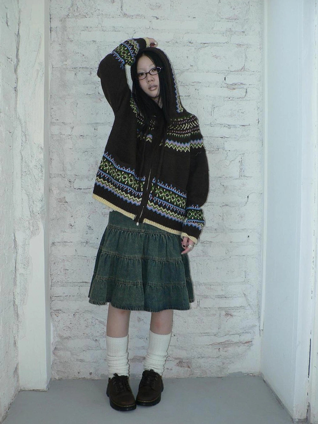 ang project Vintage Fair Isle Zip Up Hooded Cardigan Sweater
