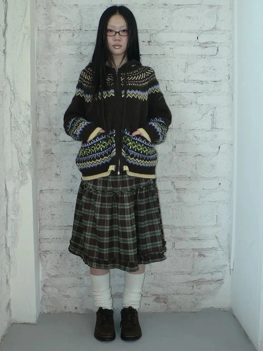 ang project Vintage Fair Isle Zip Up Hooded Cardigan Sweater