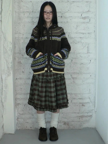 ang project Vintage Fair Isle Zip Up Hooded Cardigan Sweater