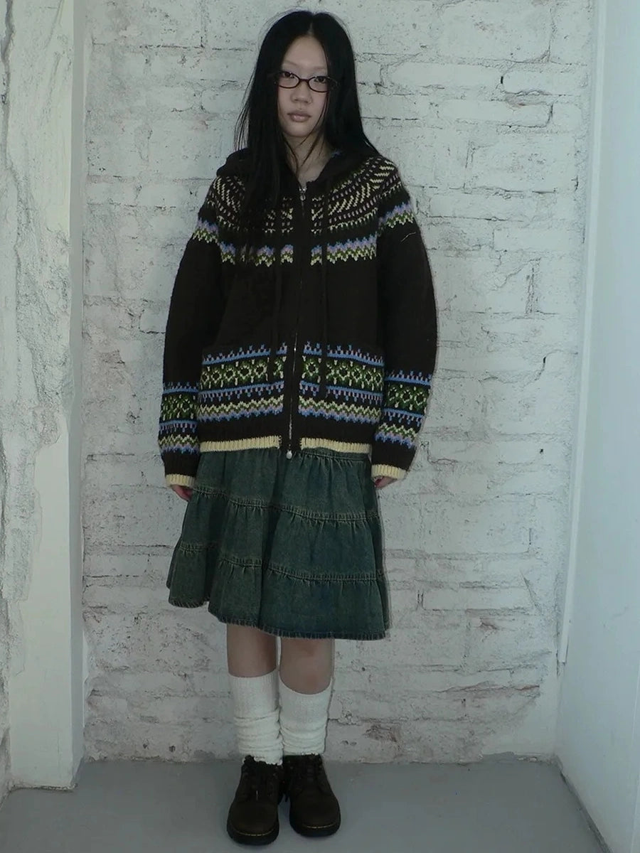 ang project Vintage Fair Isle Zip Up Hooded Cardigan Sweater