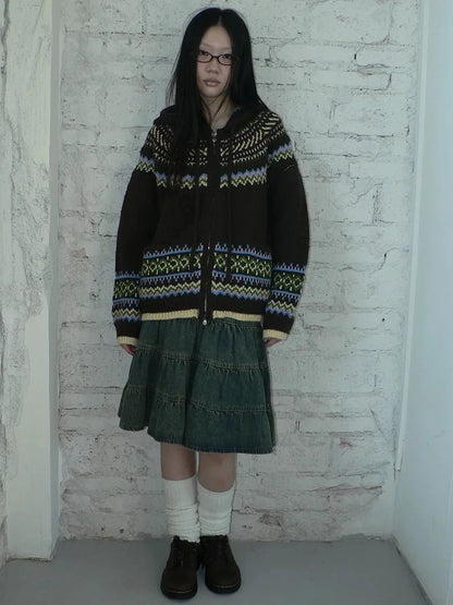 ang project Vintage Fair Isle Zip Up Hooded Cardigan Sweater