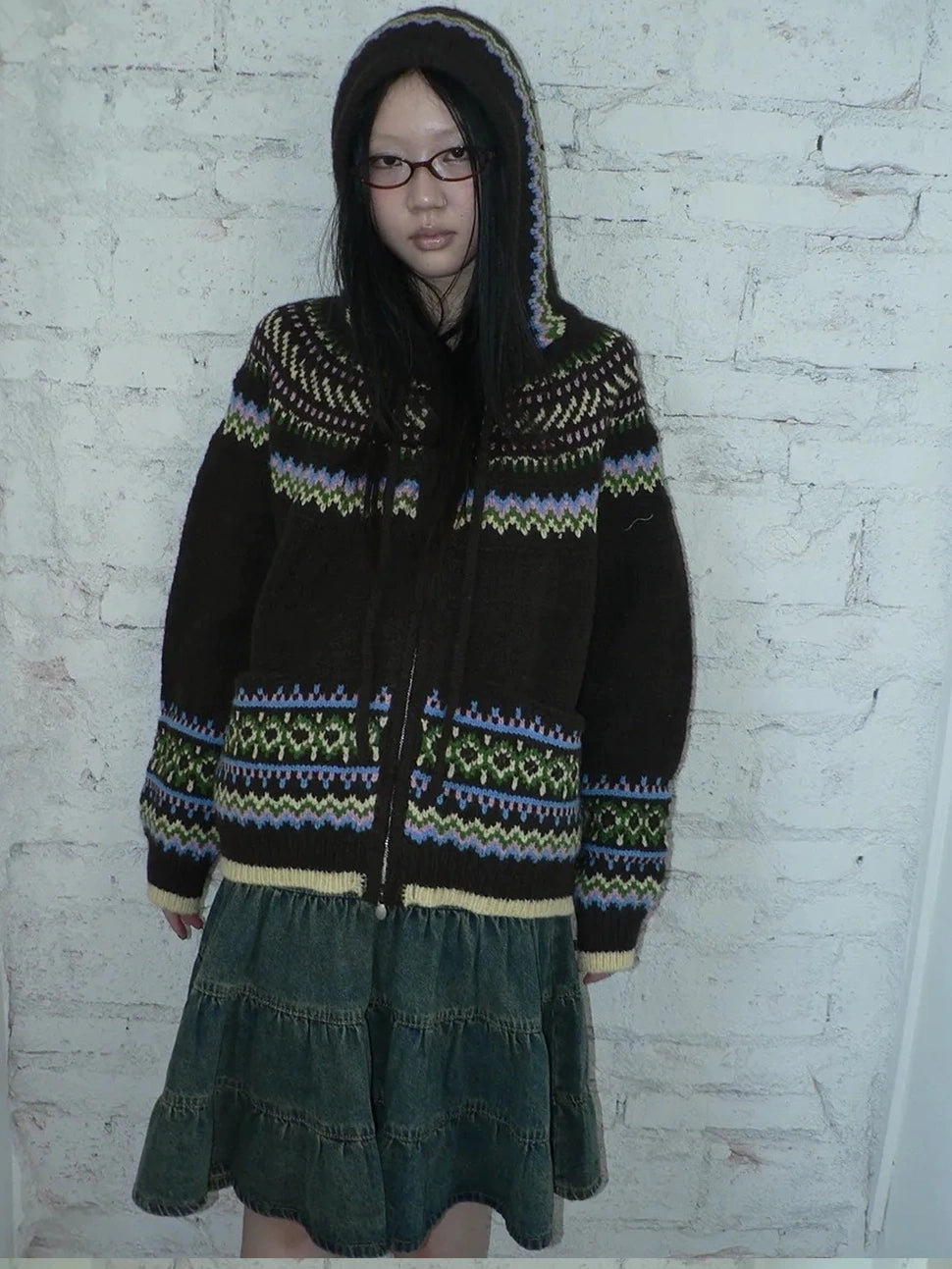 ang project Vintage Fair Isle Zip Up Hooded Cardigan Sweater