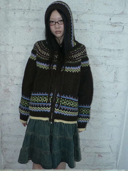 ang project Vintage Fair Isle Zip Up Hooded Cardigan Sweater