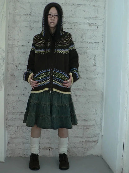 ang project Vintage Fair Isle Zip Up Hooded Cardigan Sweater