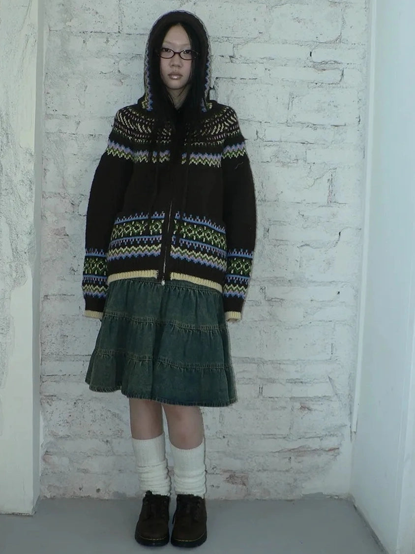 ang project Vintage Fair Isle Zip Up Hooded Cardigan Sweater