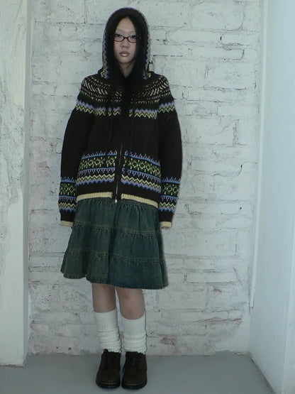 ang project Vintage Fair Isle Zip Up Hooded Cardigan Sweater
