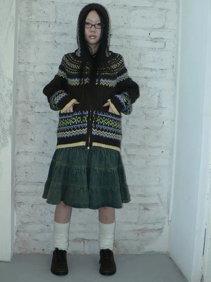 ang project Vintage Fair Isle Zip Up Hooded Cardigan Sweater