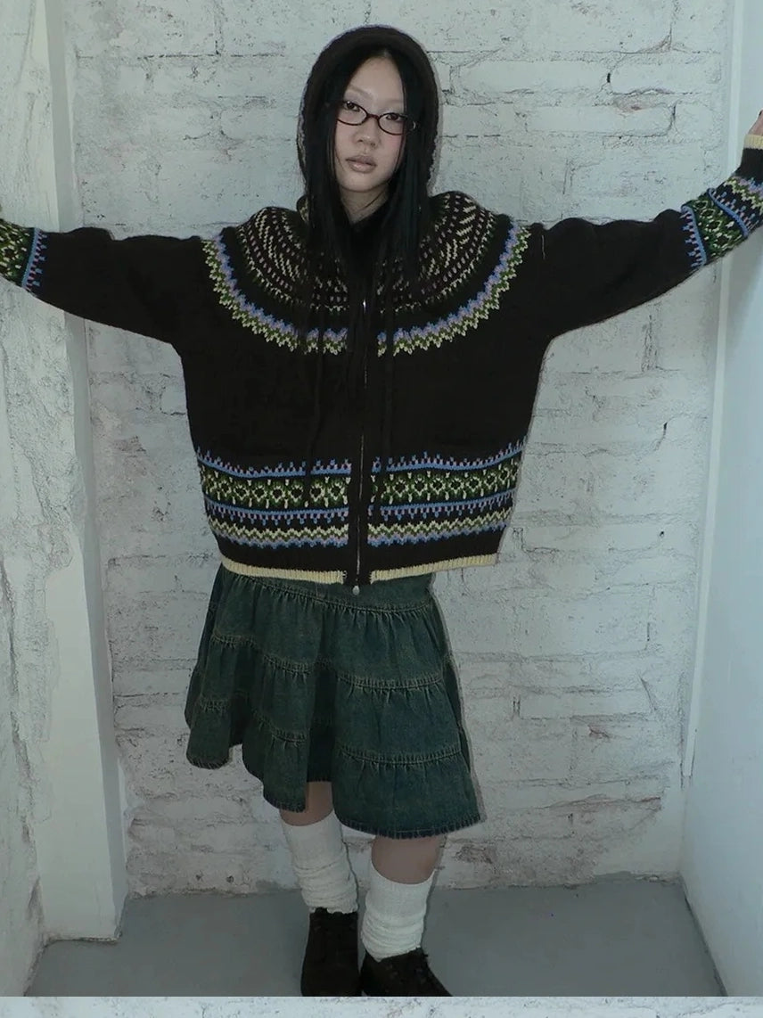 ang project Vintage Fair Isle Zip Up Hooded Cardigan Sweater
