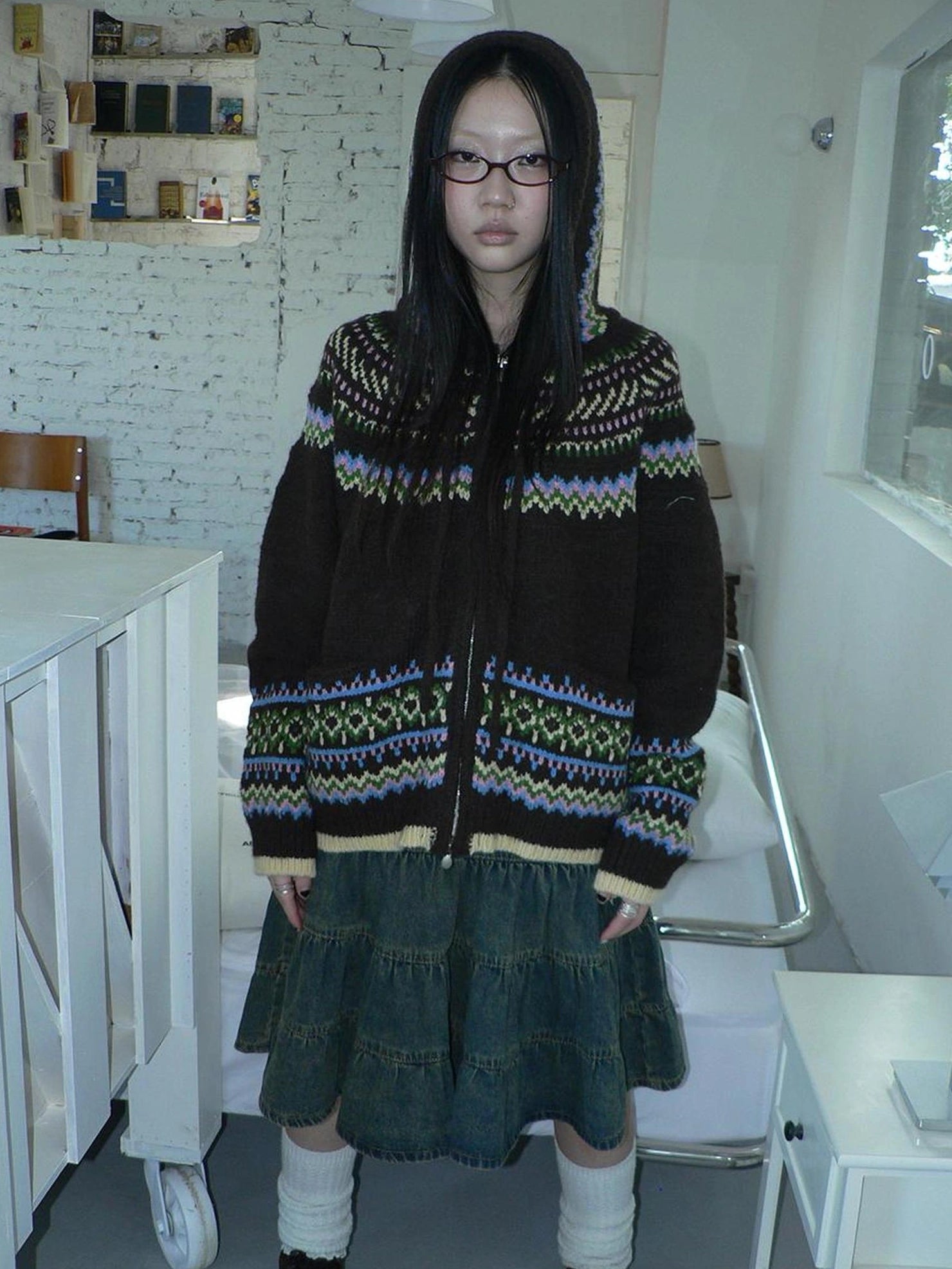 ang project Vintage Fair Isle Zip Up Hooded Cardigan Sweater