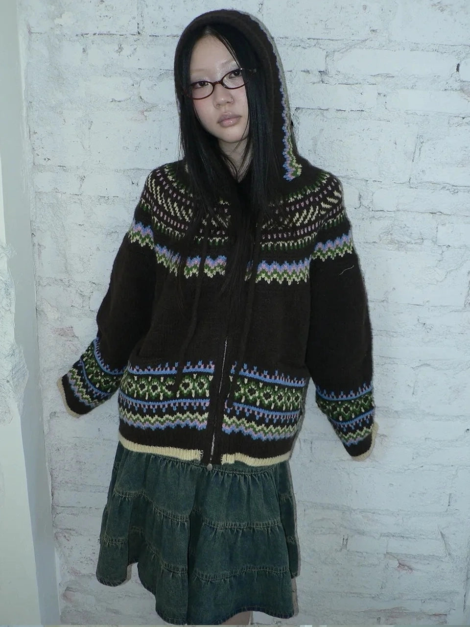 ang project Vintage Fair Isle Zip Up Hooded Cardigan Sweater