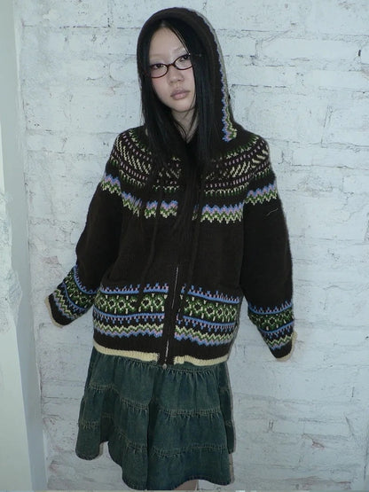 ang project Vintage Fair Isle Zip Up Hooded Cardigan Sweater
