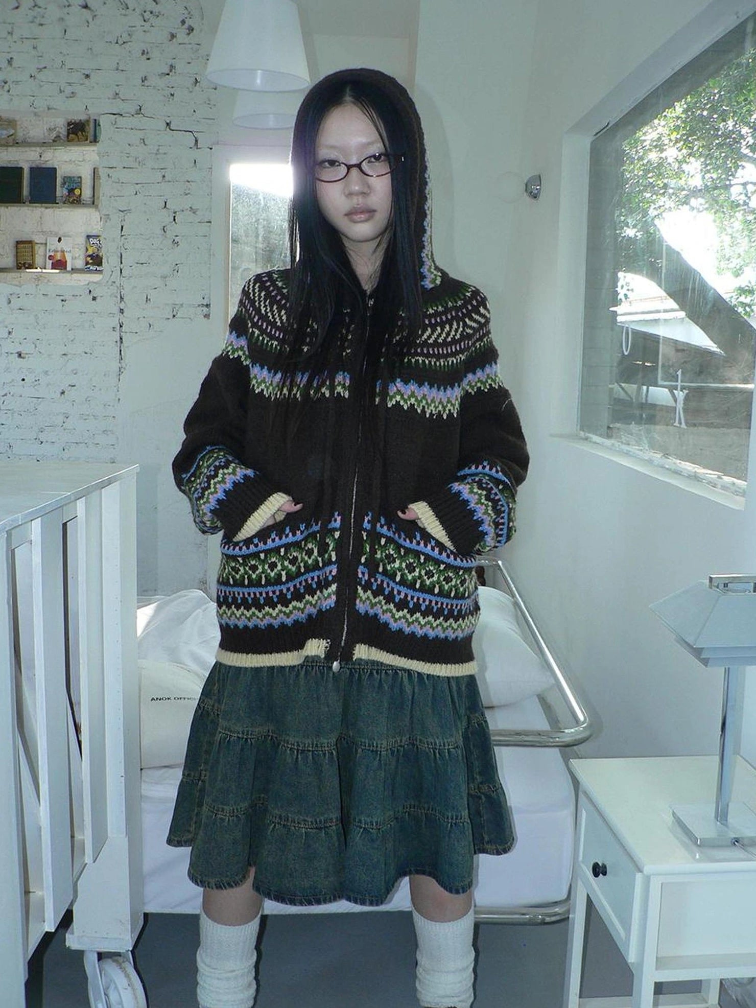 ang project Vintage Fair Isle Zip Up Hooded Cardigan Sweater