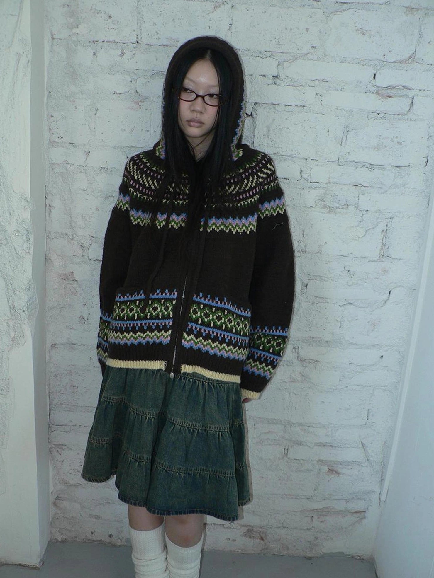 ang project Vintage Fair Isle Zip Up Hooded Cardigan Sweater
