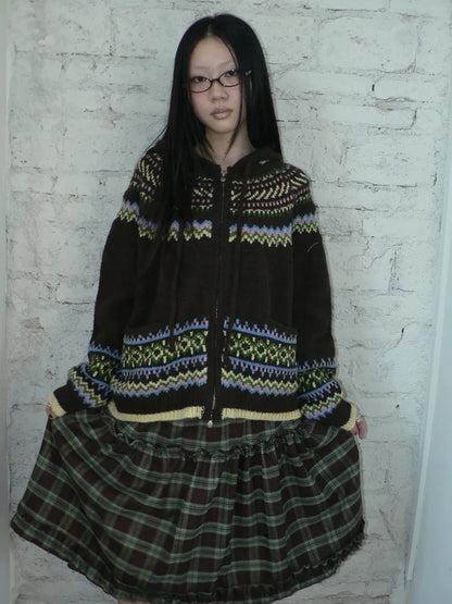 ang project Vintage Fair Isle Zip Up Hooded Cardigan Sweater