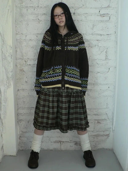 ang project Vintage Fair Isle Zip Up Hooded Cardigan Sweater