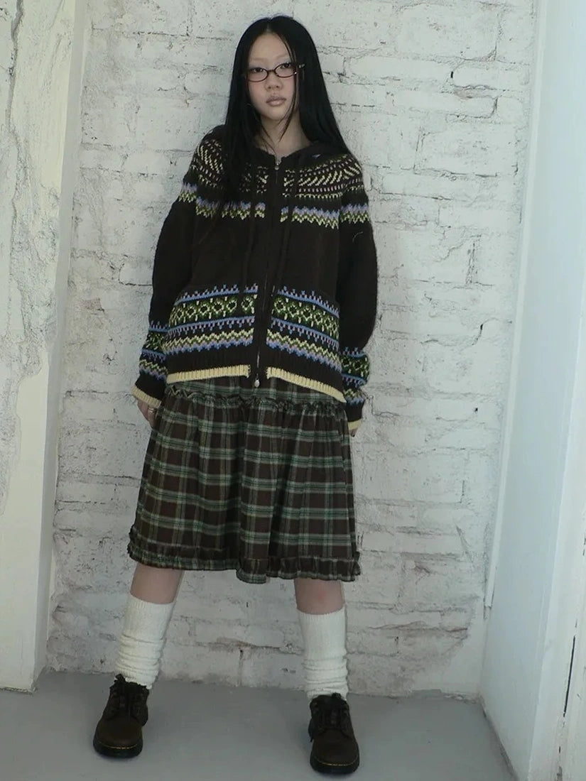 ang project Vintage Fair Isle Zip Up Hooded Cardigan Sweater