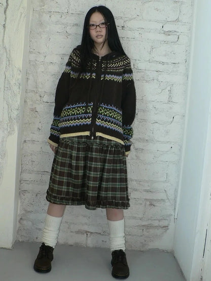 ang project Vintage Fair Isle Zip Up Hooded Cardigan Sweater