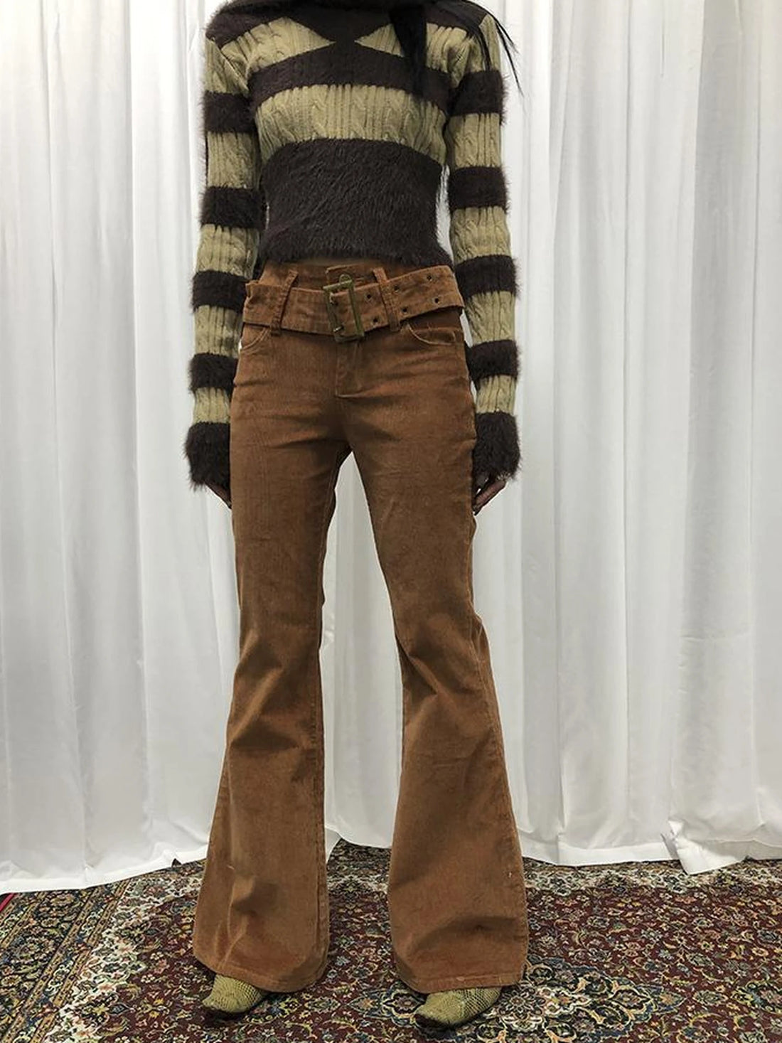 Vintage Flared Corduroy Pants With Belt