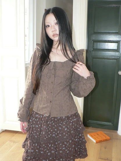 ang project Vintage Floral Embroidered Lace Bubble Sleeve Blouse Shirts