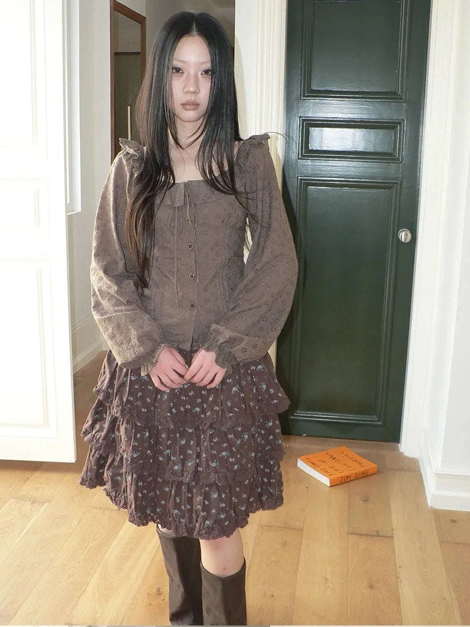 ang project Vintage Floral Embroidered Lace Bubble Sleeve Blouse Shirts