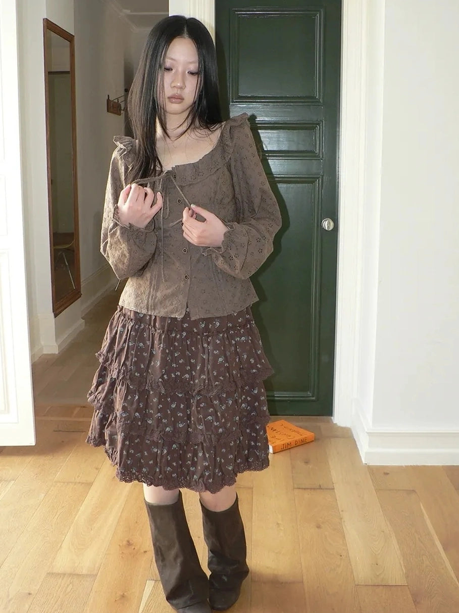 ang project Vintage Floral Embroidered Lace Bubble Sleeve Blouse Shirts