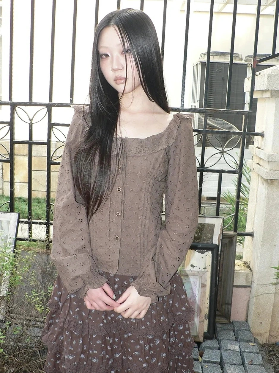 ang project Vintage Floral Embroidered Lace Bubble Sleeve Blouse Shirts