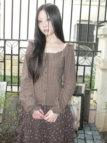 ang project Vintage Floral Embroidered Lace Bubble Sleeve Blouse Shirts