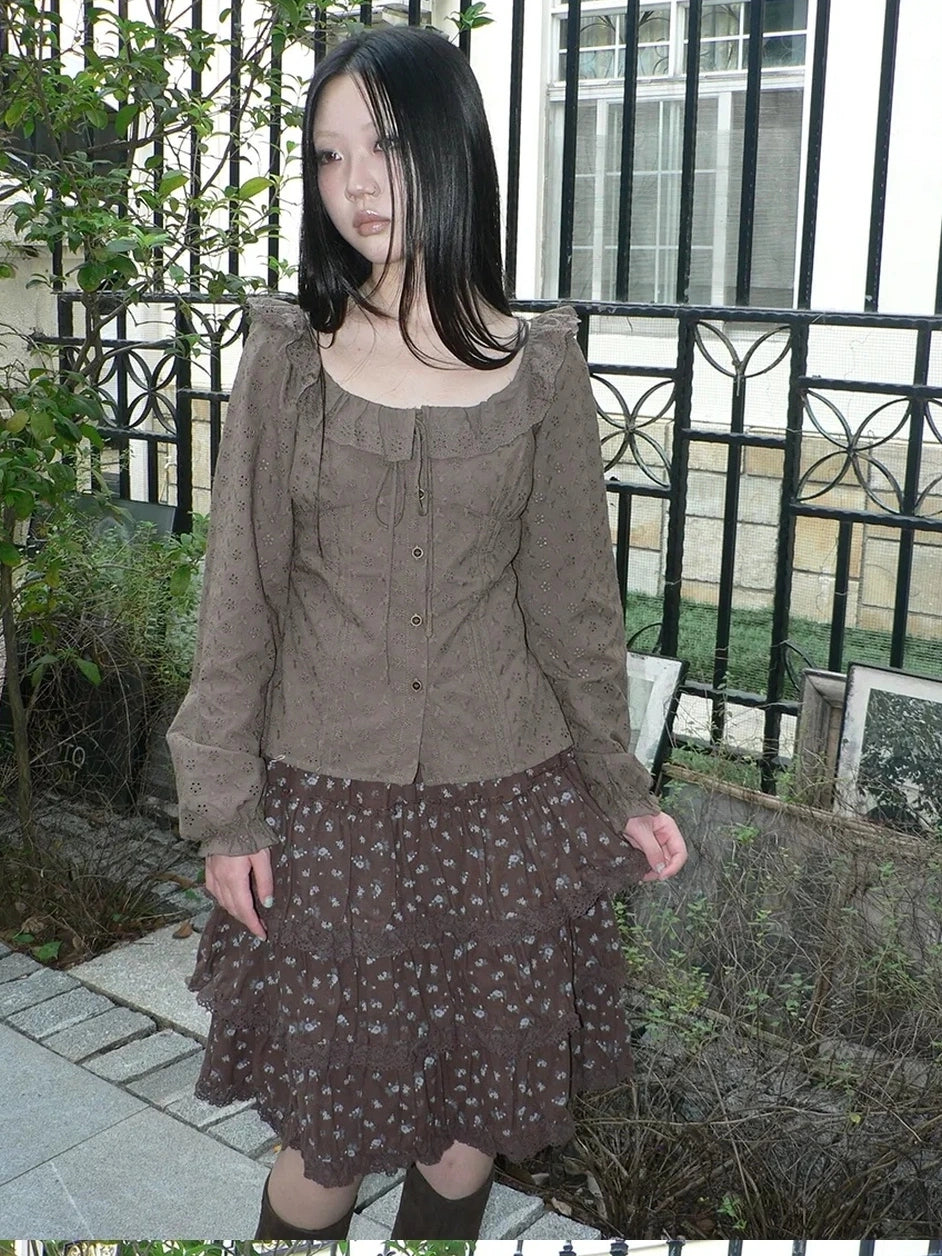 ang project Vintage Floral Embroidered Lace Bubble Sleeve Blouse Shirts