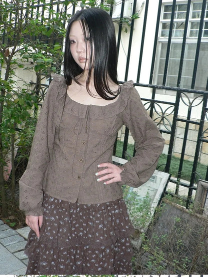 ang project Vintage Floral Embroidered Lace Bubble Sleeve Blouse Shirts