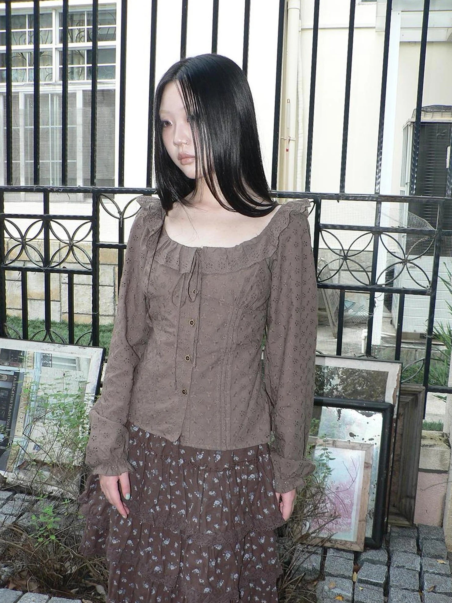 ang project Vintage Floral Embroidered Lace Bubble Sleeve Blouse Shirts