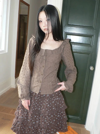 ang project Vintage Floral Embroidered Lace Bubble Sleeve Blouse Shirts