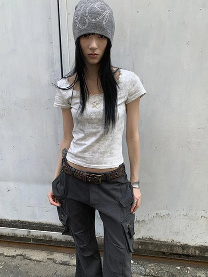 Vintage Floral Lace Collar Stretch Slim Tee
