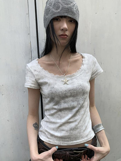 Updateang project Vintage Floral Lace Collar Stretch Slim Tee