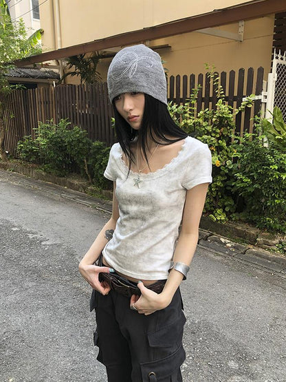 Updateang project Vintage Floral Lace Collar Stretch Slim Tee